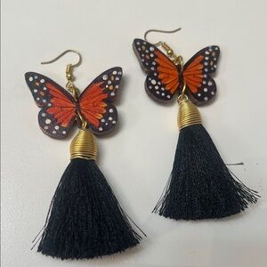 Butterfly Tassel Drop Earrings - Orange & Black